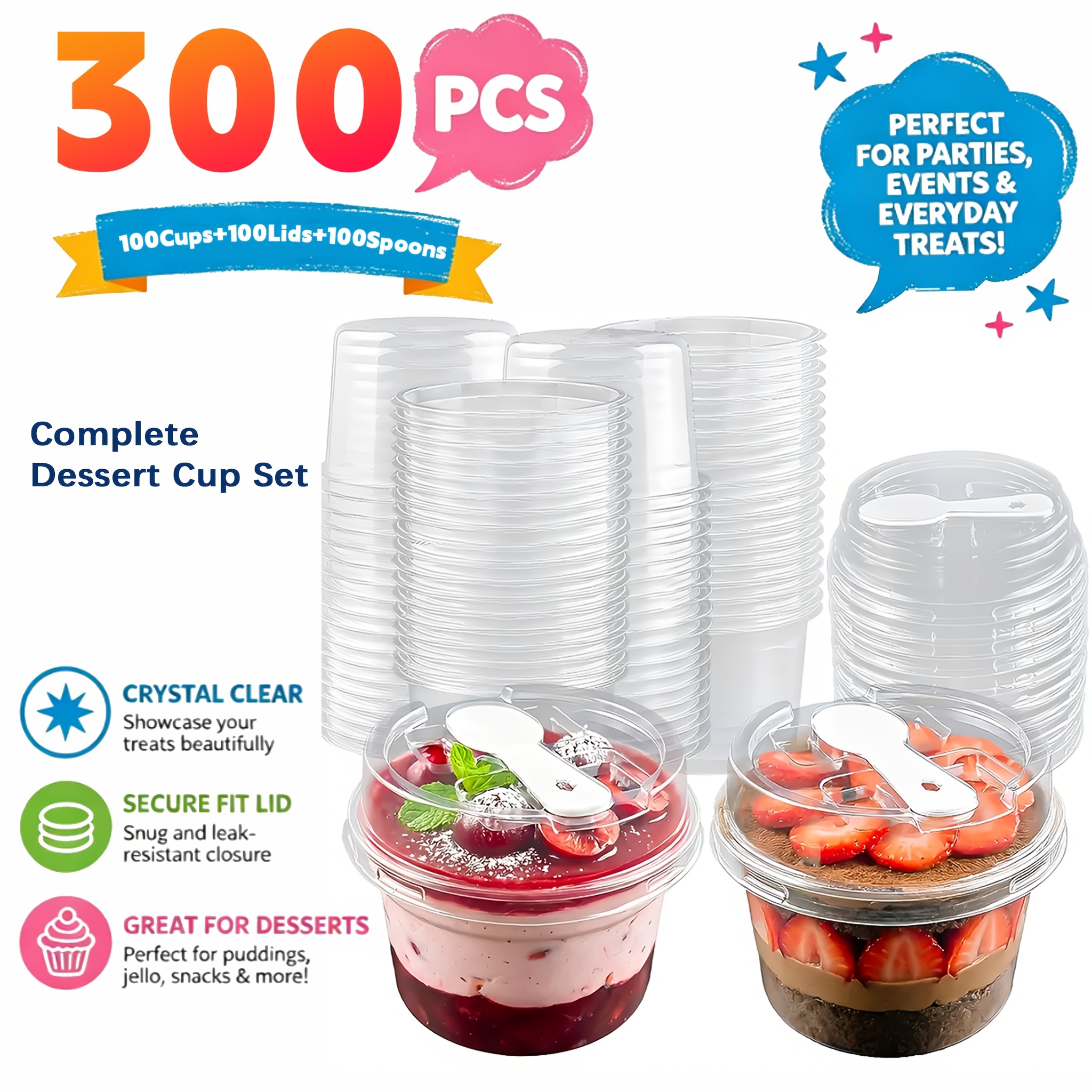 TEMU 150/300pcs Set Of Round Pudding Cups With Lids And Spoons; Reusable Party Cups; Novelty Mugs; Transparent Mousse Cake Boxes; Yoghurt Cups;