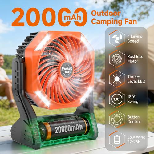 20000mah camping fan with led light 4 brushless motor 180 oscillating portable outdoor fan 22 26h long table fan for camping hiking picnic emergency