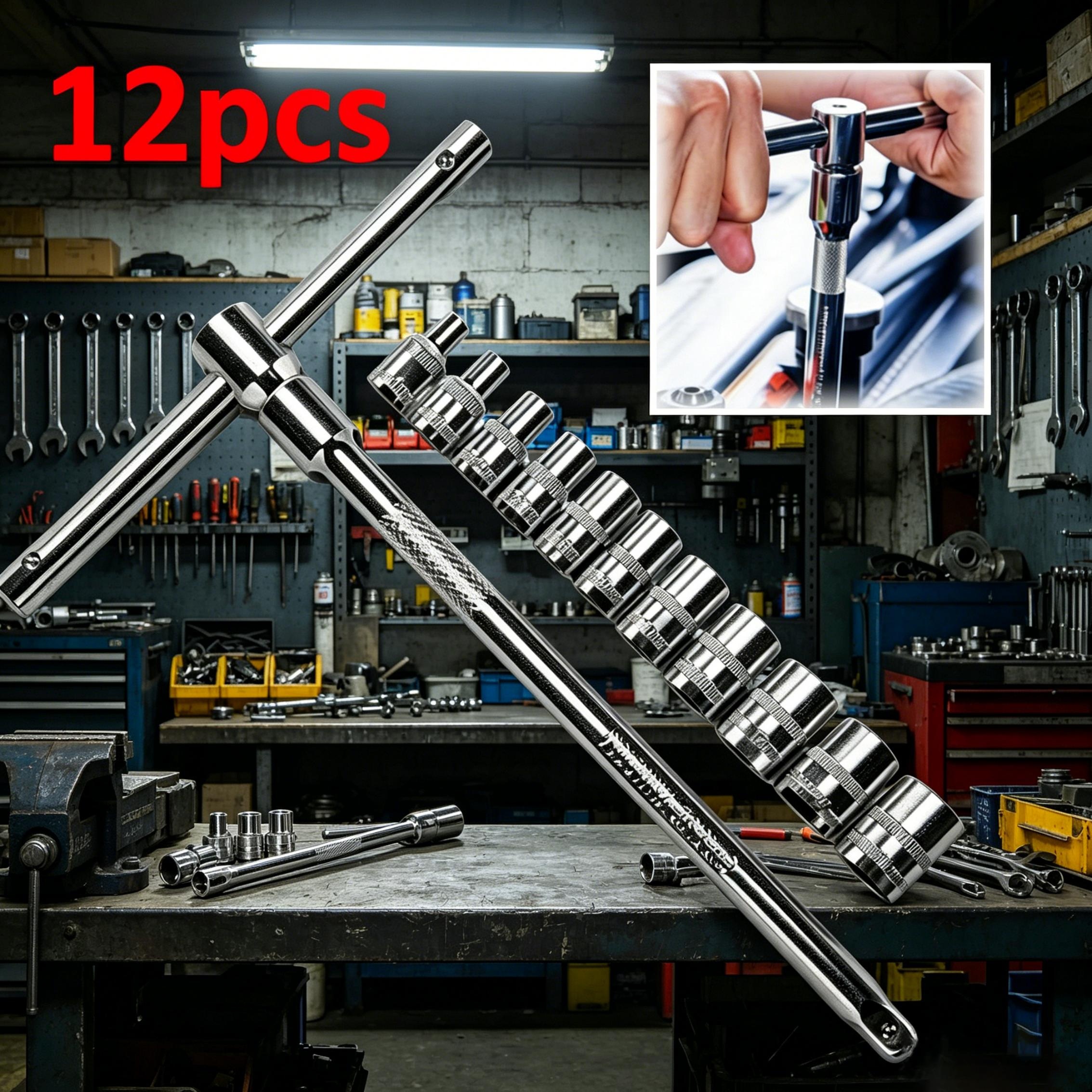 TEMU 12pcs 1/4-inch Drive T-handle Socket Wrench Set, Chrome Vanadium Steel Material With Extended Rod And Multi- 4-14mm Sockets, Suitable For Car