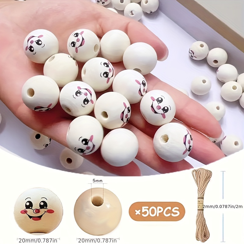 50pcs Face Wooden Beads, 20mm Round Natural Wood Beads For Diy Handmade Necklace Bracelet Jewelry Accessories