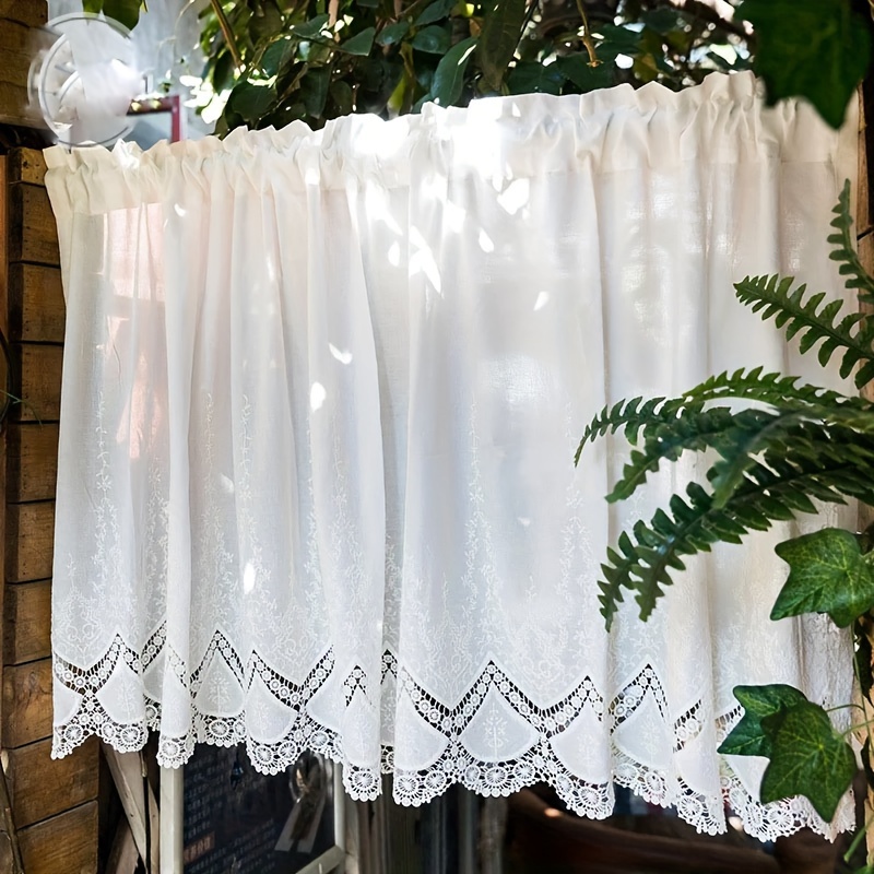 

1pc, White Romantic Cutout Embroidered Lace Short Curtain, Pole Pocket, Suitable For Kitchen, Cabinet, Farmhouse Home Decoration