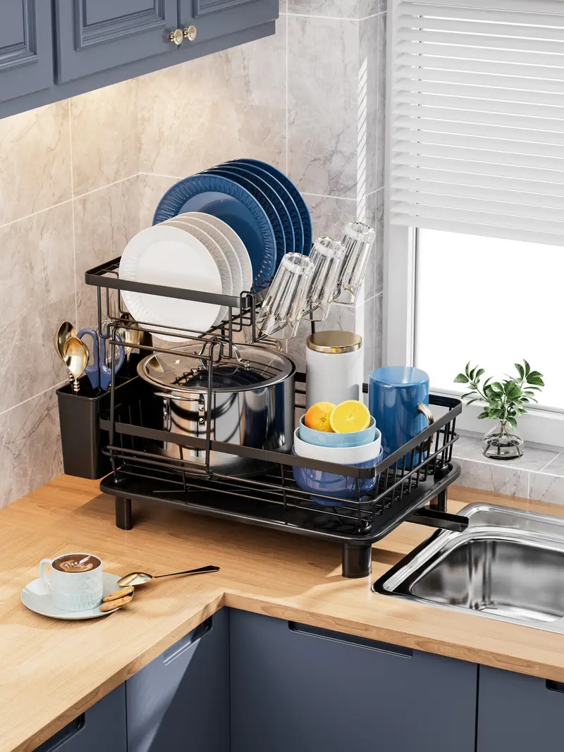 2 tier dish drying rack with metal and plastic kitchen dish drainer with utensil holder anti rust compact countertop dish rack organizer 1pc dish racks for home kitchen storage Product details 3