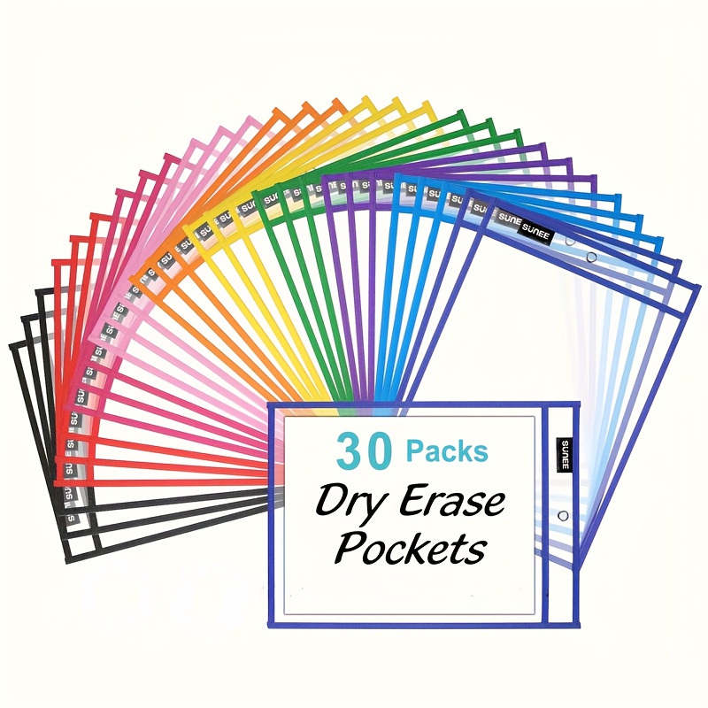 TEMU 30-pack Transparent Colorful Reusable Dry Erase Pvc Sleeves, Clear Writing Covers For Whiteboards And Markers, Plastic Protective Cases Washable