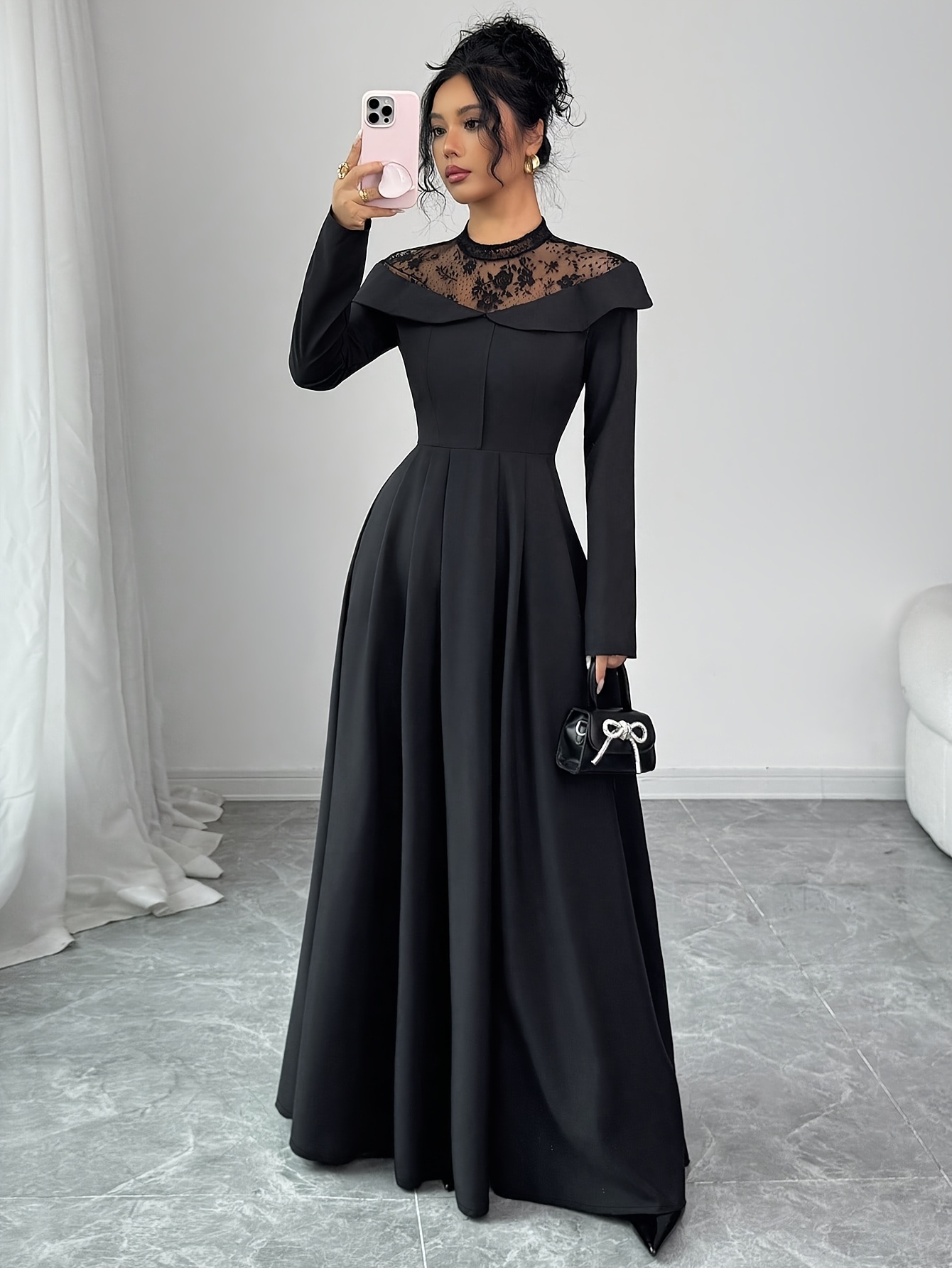 s elegant white a line maxi dress with mesh panel lace like sheer back long sleeve length wedding guest gown round neck formal evening dress machine washable no stretch Product details 5