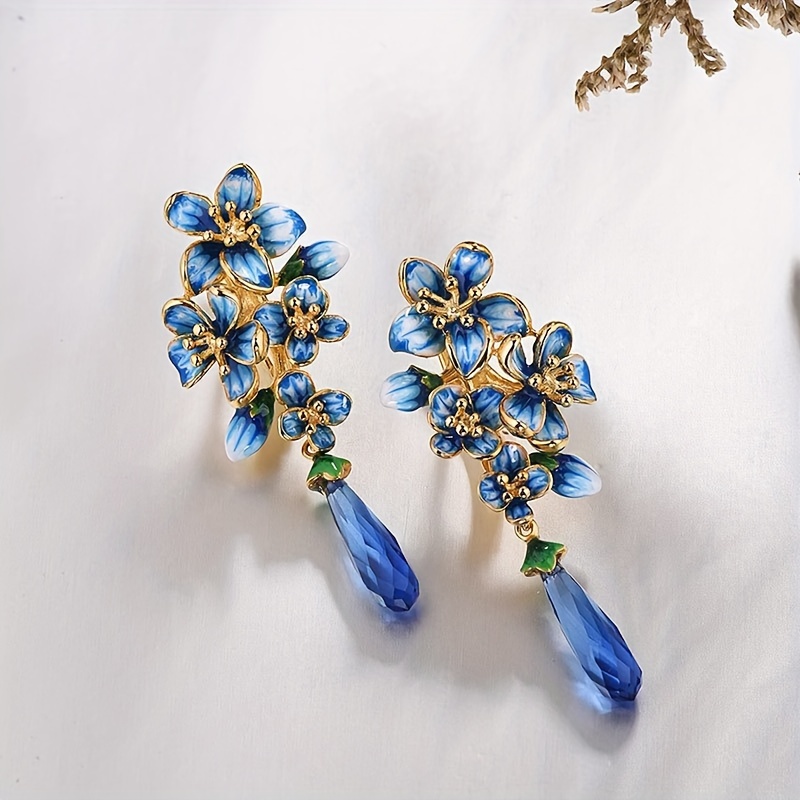 

Elegant Blue Floral Drop Earrings With Cubic Zirconia - Nickel-free Copper, Parties & Vacations