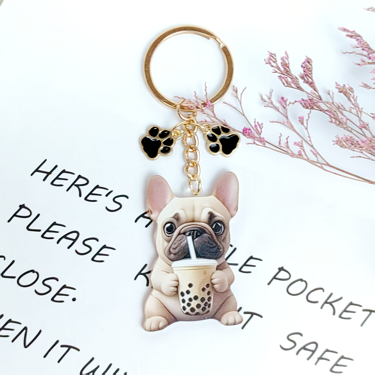 Bulldog Sitting Down Drinking Milk Tea Theme Keychain - Perfect For Keys, Backpacks, Car Chains, Bag Charms & Decorations; Ideal Gift For Dog Lovers