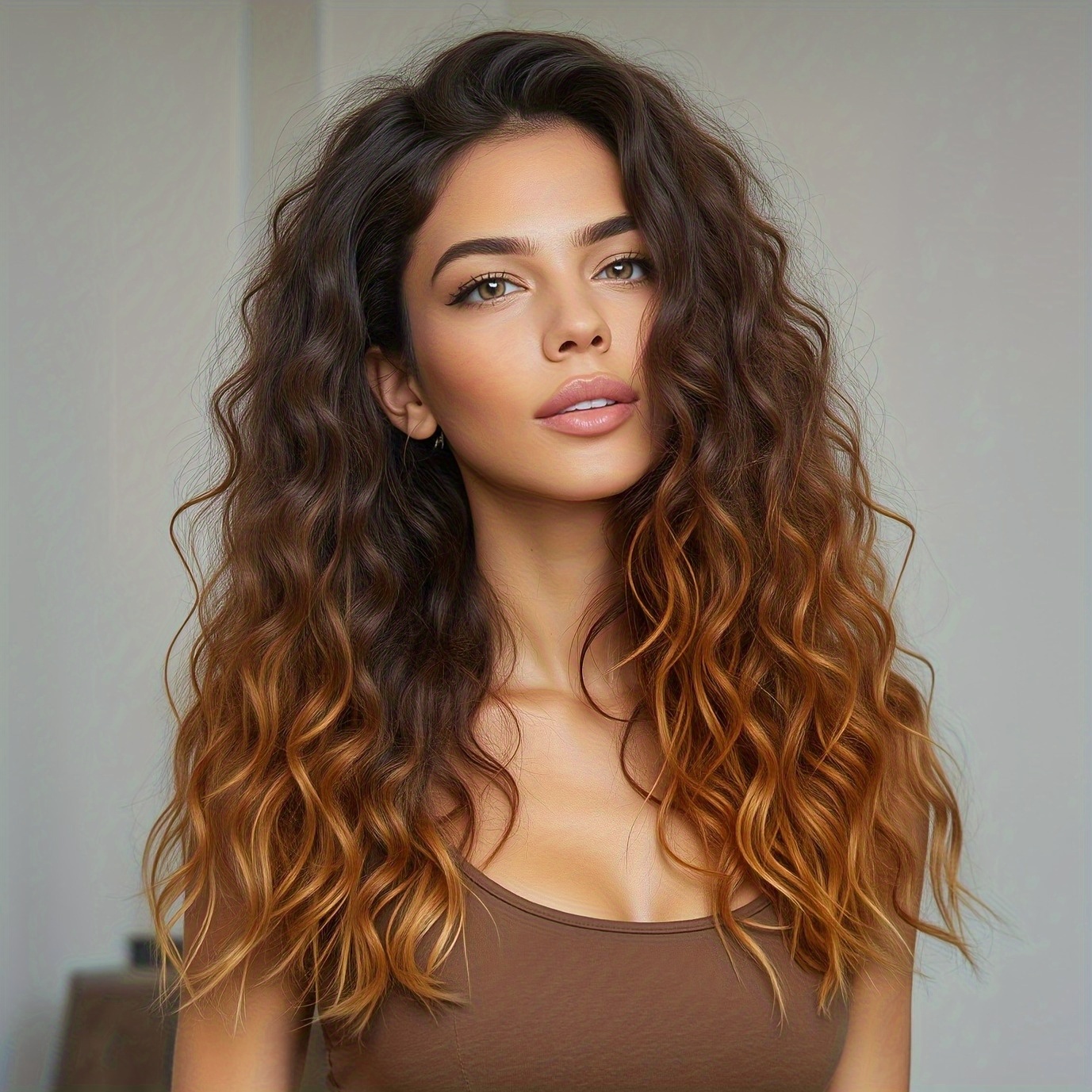 Image of A Stylish Shoulder-length Wig With Gradient Colors And Curly Hair, Perfect For Summer Beach Parties, Vacations, And Photo . It Features A Comfortable And Breathable Cap