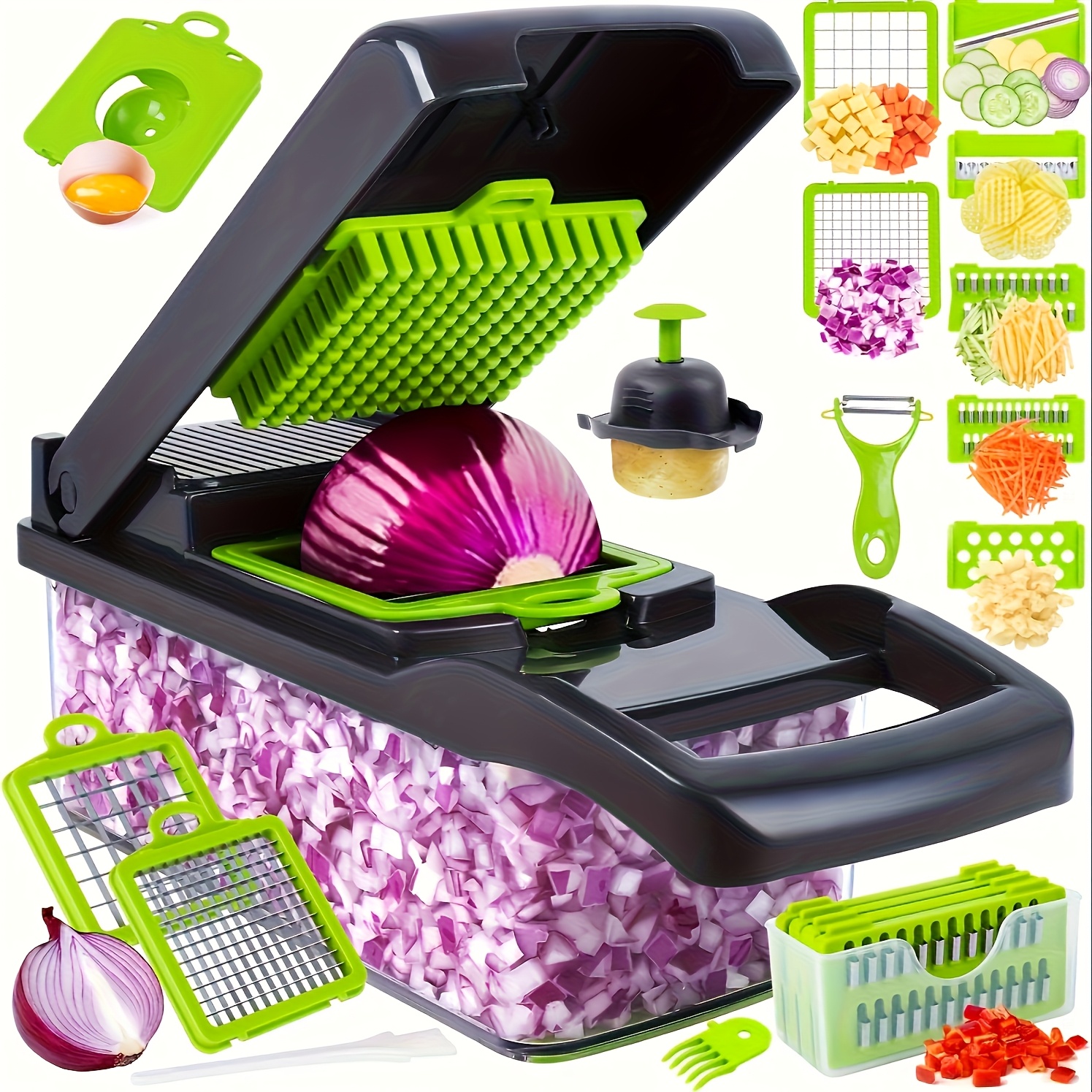 item picture 16-In-1 Multifunctional Kitchen Vegetable Slicer with a Container, Suitable for Onions, Carrots, Garlic, And Includes a Non-Rechargeable Plastic Tool Set with a Drainage Basket