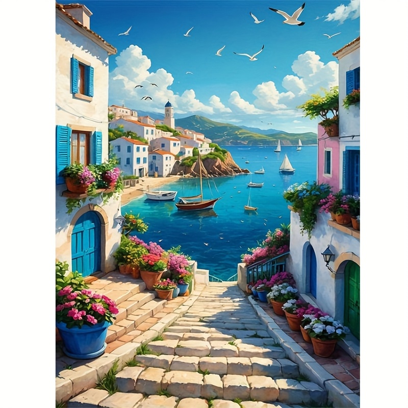 TEMU Ein 5D Diamant Painting Set mit einem heilenden Landschaftsbild kleinen Dorfes am See, geeignet für erwachsene Anfänger, für die Wanddeko zu