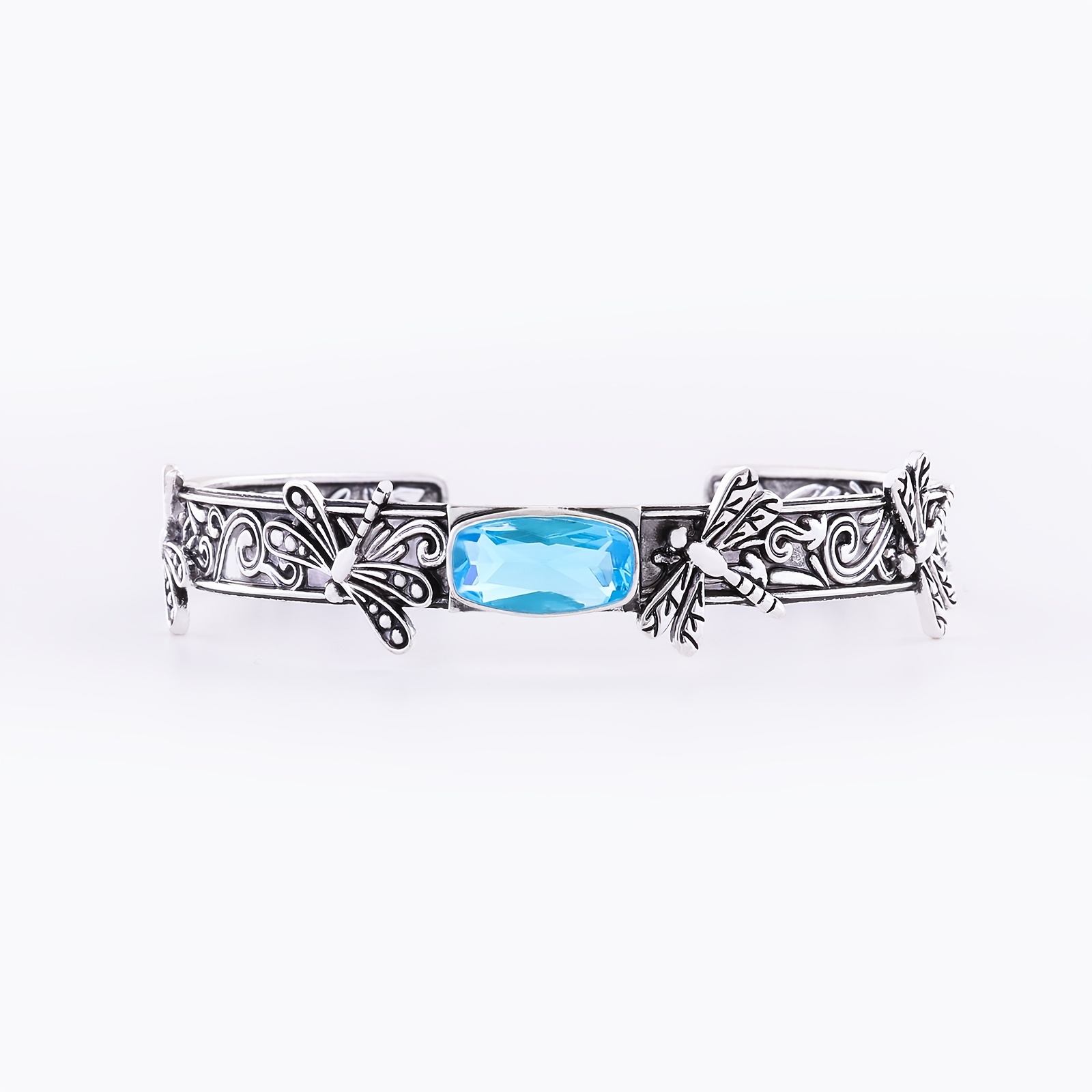 TEMU A Vintage Double-sided Patterned Dragonfly Open Bangle Inlaid With Synthetic Zirconia, Featuring A Dragonfly Design And Bamboo Texture, Suitable