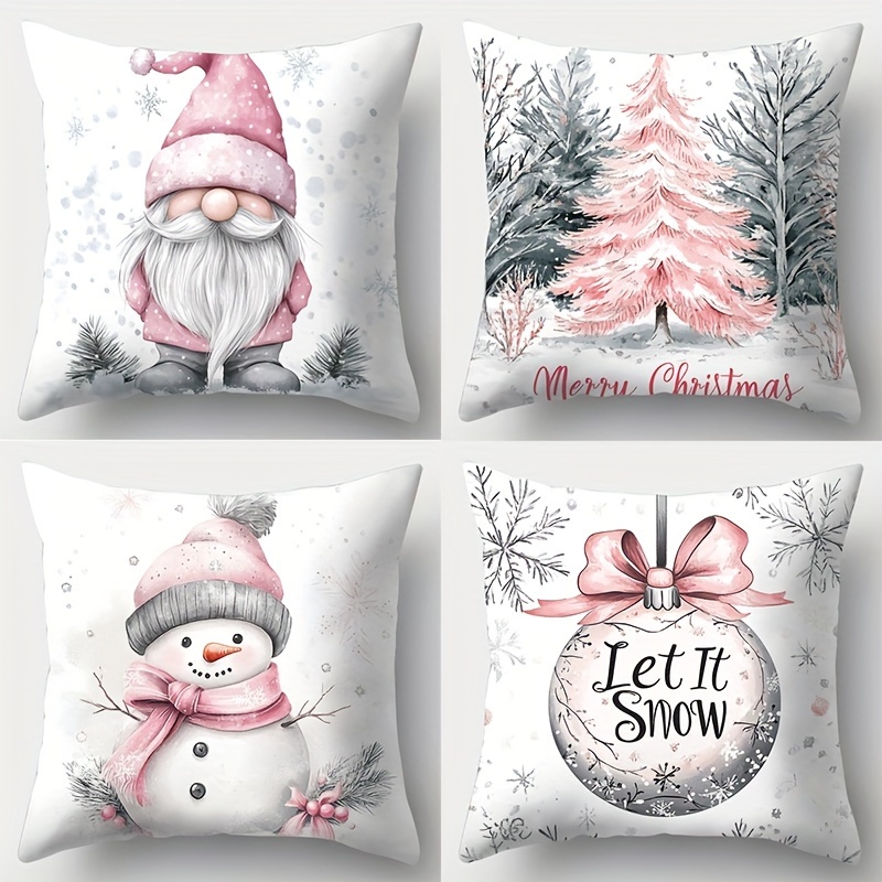 Image of 4pcs, The Christmas Theme Incorporates Christmas Elements, Such As Snowmen, Christmas Trees, Etc. Are Pink And Gray. The Material Of Soft And Comfortable Fabric With