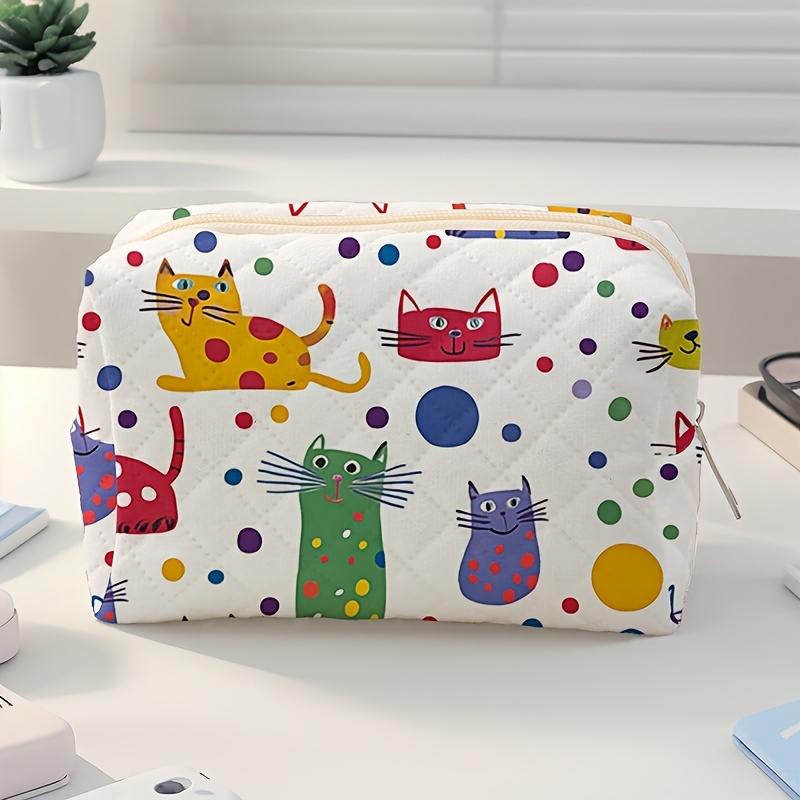 TEMU Colorful Graffiti Cat Pattern Printed Quilted Makeup Bag, Lightweight Zipper Storage Bag, Travel Toiletries Storage Bag, Toiletries Travel Bag