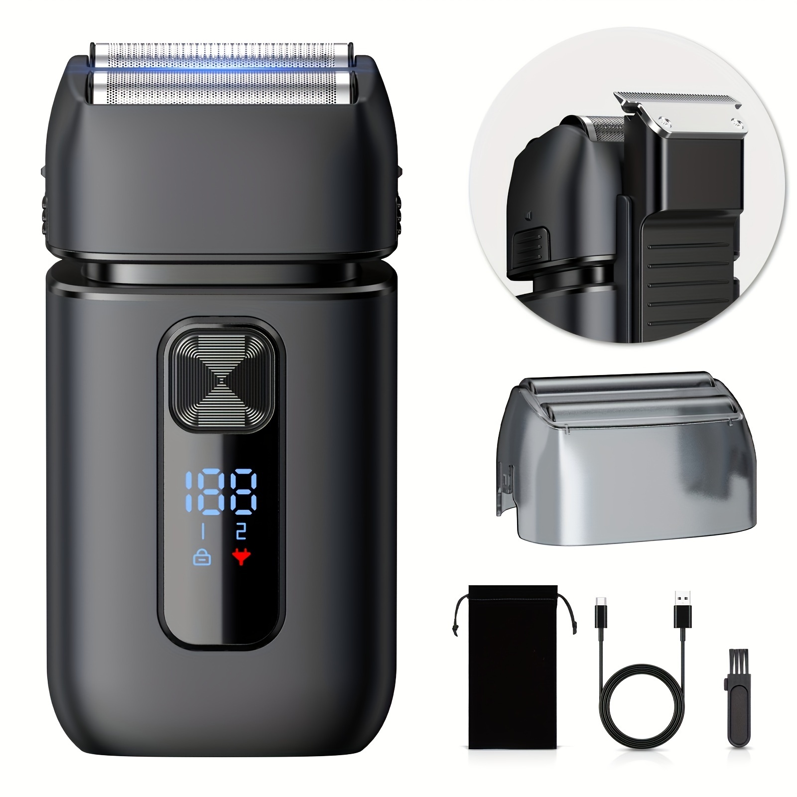 TEMU Men's Electric Shaver, Usb-c Rechargeable Razor For Facial Use With Pop-up Trimmer, Cordless Wet And Dry Razor Featuring Lcd Screen, Travel Lock, And Carrying Case