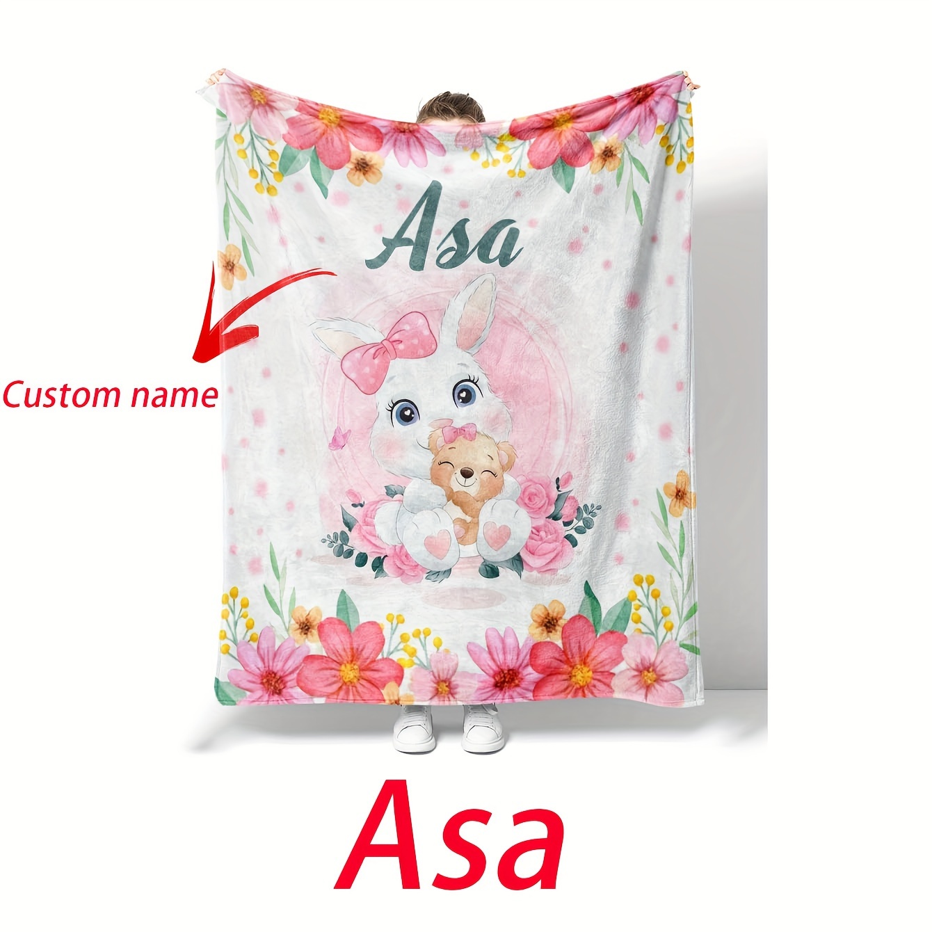 

1pc Custom Flannel Cute Bunny Digital Printed Blanket, Personalized Name Custom Blanket, Suitable For Sofa, Bed, Nap, Interior Decoration, Perfect Birthday Gift Or Holiday Gift, Available All Seasons