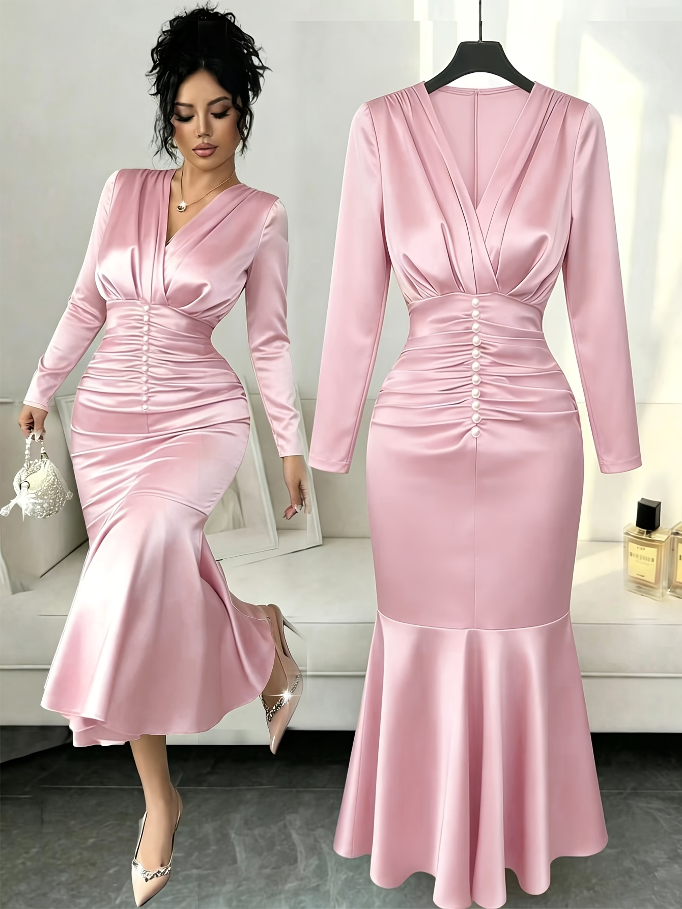 Women's V-Neck Long Sleeve Waist-Cinching Hip-Enhancing Satin
