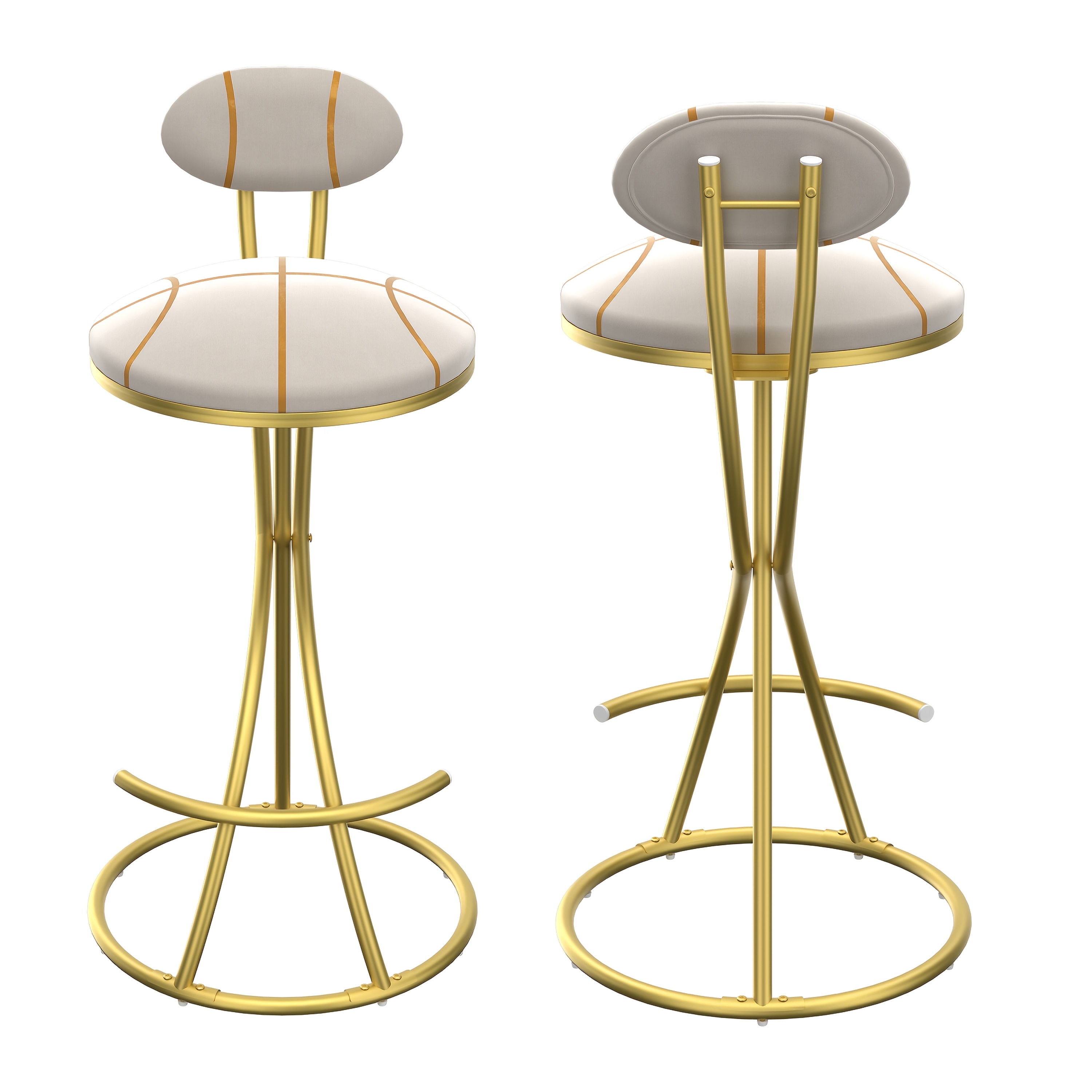 Pair of Contemporary Velvet Bar Stools with Counter Height, Featuring a Golden Metal Frame And S-Shaped Stripe Backrest, Upholstered Round Chairs Inspired by Basketball And Soccer, Complete with Footrest for Dining Areas, Kitchens, And Bars