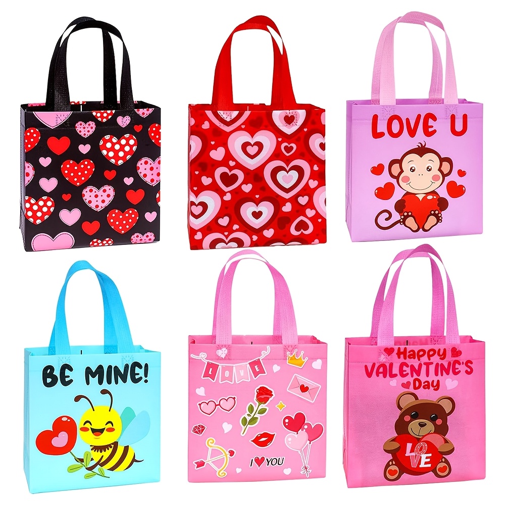 

12pcs Valentine's Day Gift Bags, Fabric Tote Shopping Bags, Mixed Color, With Assorted Designs For Holiday Gift Exchange