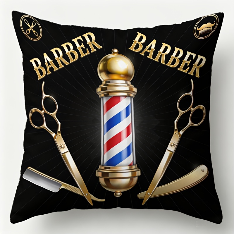 TEMU 1pc Decorative Throw Pillow Cover With Barber Shop Barber Pole Scissors Print For Home Decor Without Pillow Insert