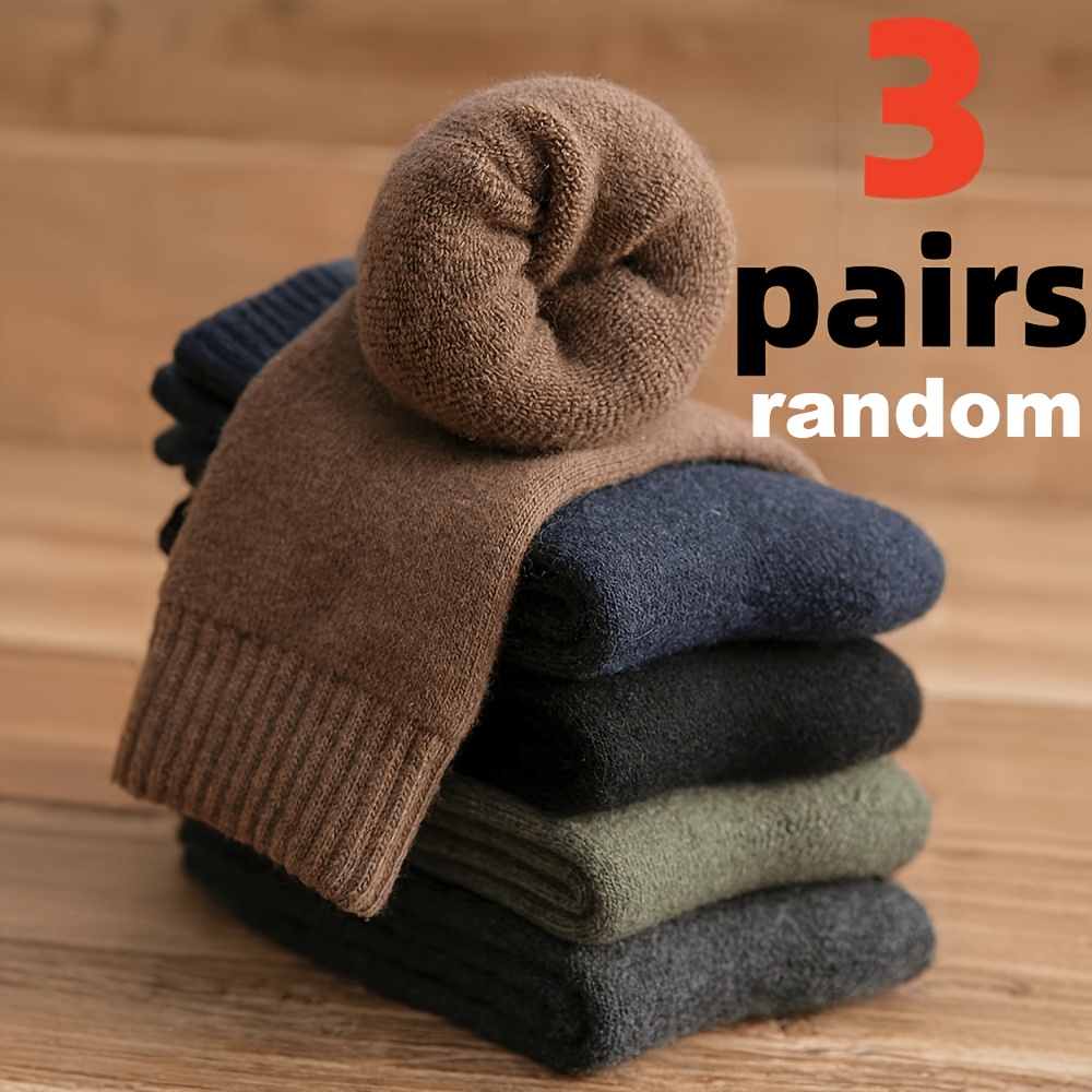 3/5-pair Random Color Pc Men's Thickened Warm Mid-calf Socks - Solid Color, Comfortable For Autumn And Winter