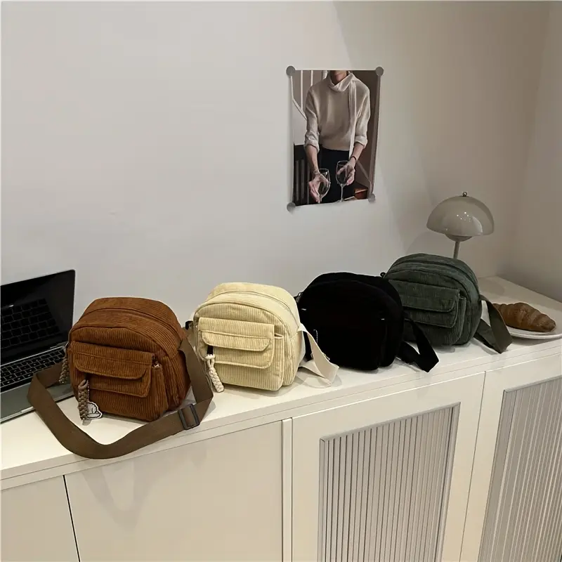 a42 an elegant womens versatile small square bag corduroy material in four colors versatile bag shoulder bag adjustable strap zipper closure suitable for school and work Product details 0