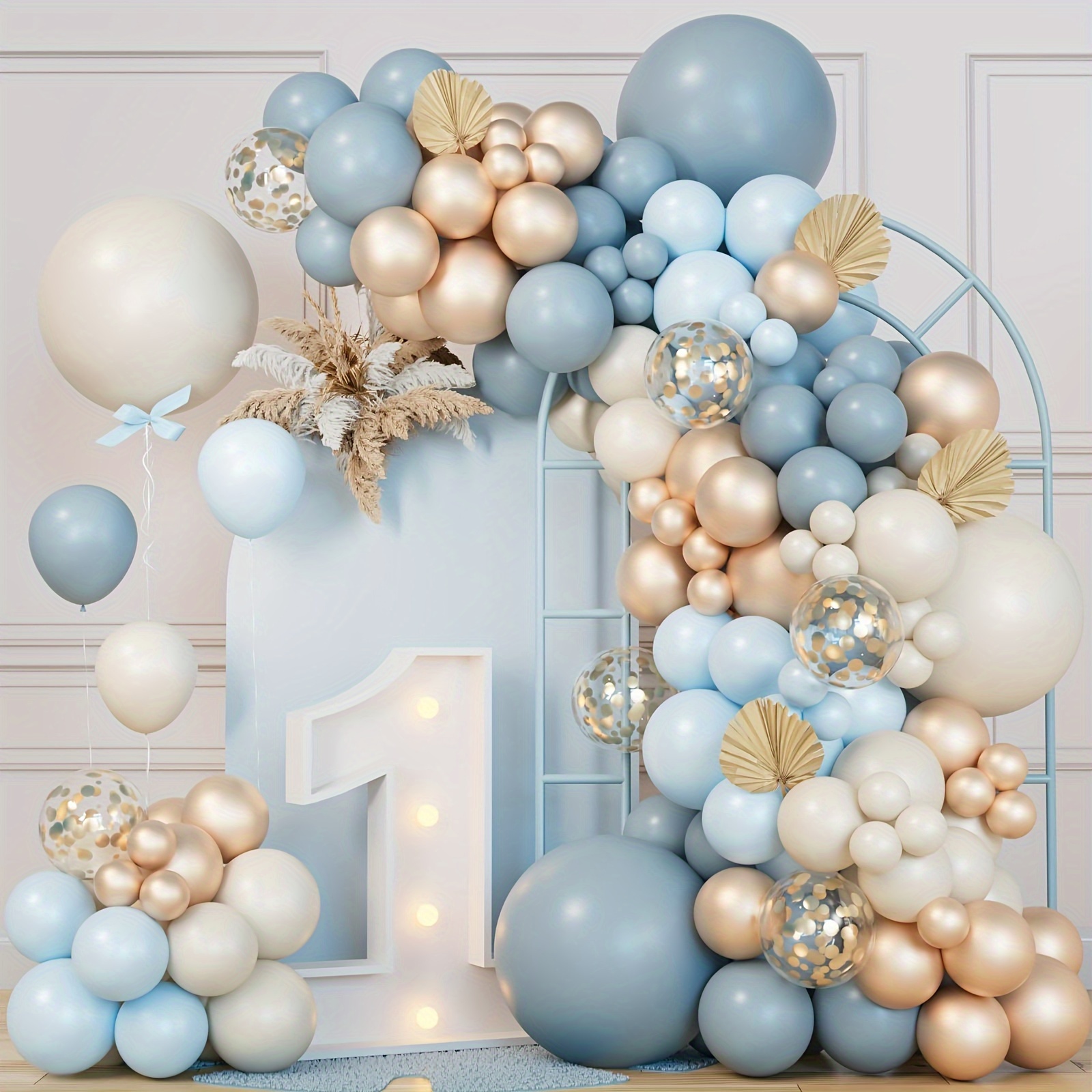 

chic Celebration" 109-piece Elegant Balloon Arch Kit - Slate Gray, Mist Blue, Sand White & Metallic Gold For Gender Reveal, Anniversary, Wedding, Bridal Shower & Birthday Party Decorations
