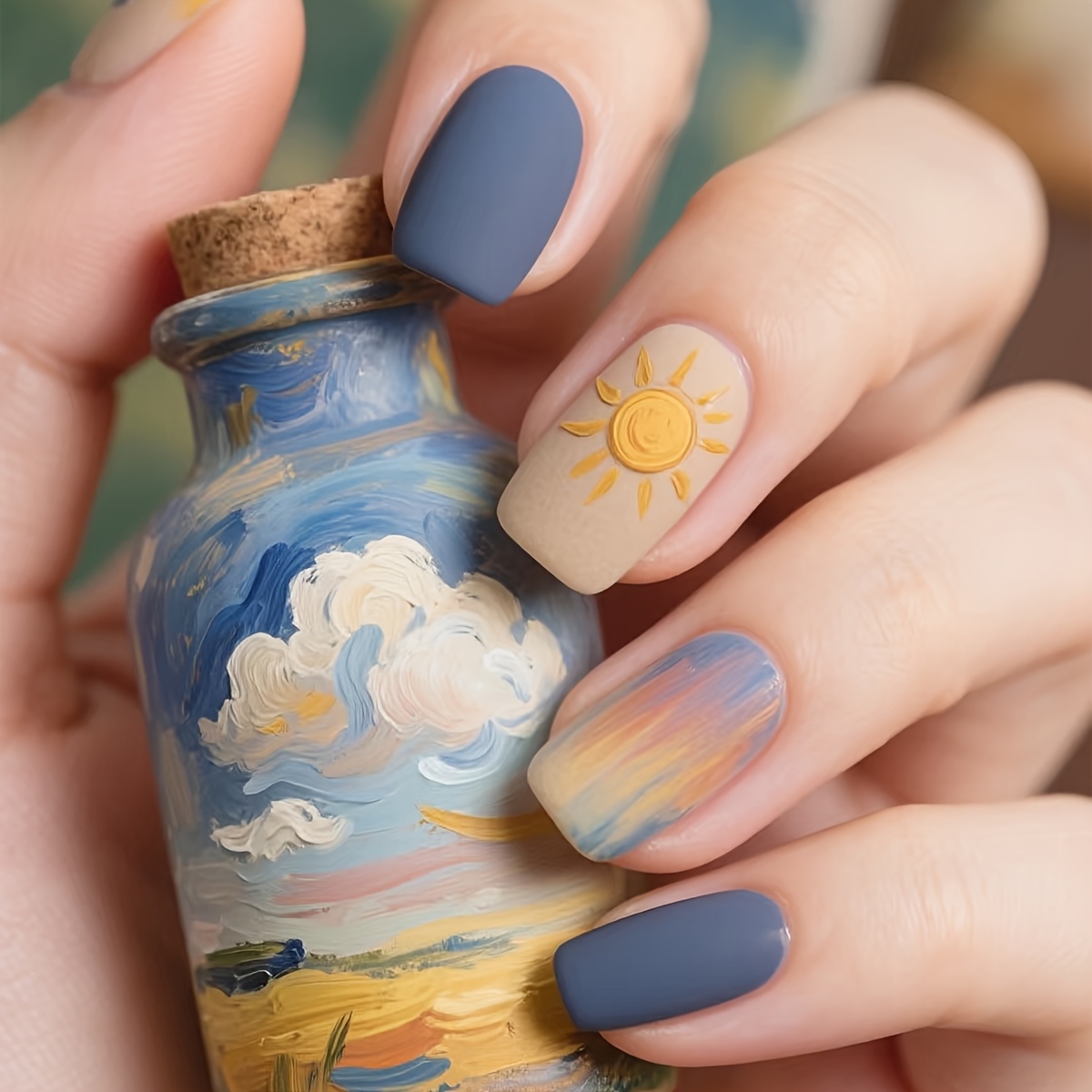 TEMU 24 pièces d'ongles pressés de style carré, nouveau art d'ongle peinture à l'huile soleil, plein de luxe, apparaissant blanc et bleu mystérieux,