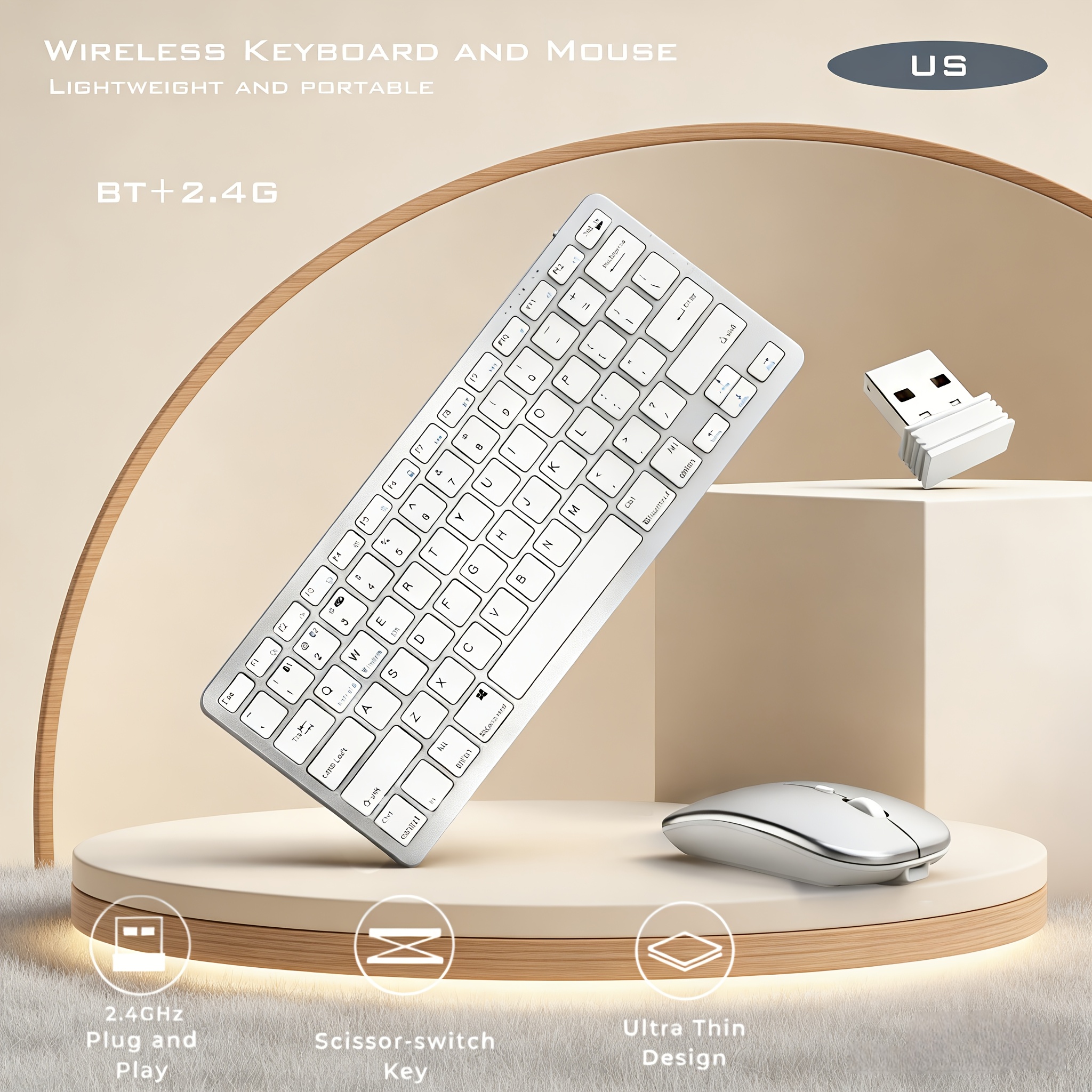 Rechargeable Wireless BT+2.4G Keyboard and Mouse Combo, Scissor Switch Ultra-Quiet Design, Silvery and Iron Gray Color Options, Ultra-Thin Portable Body, Multi-System Compatible