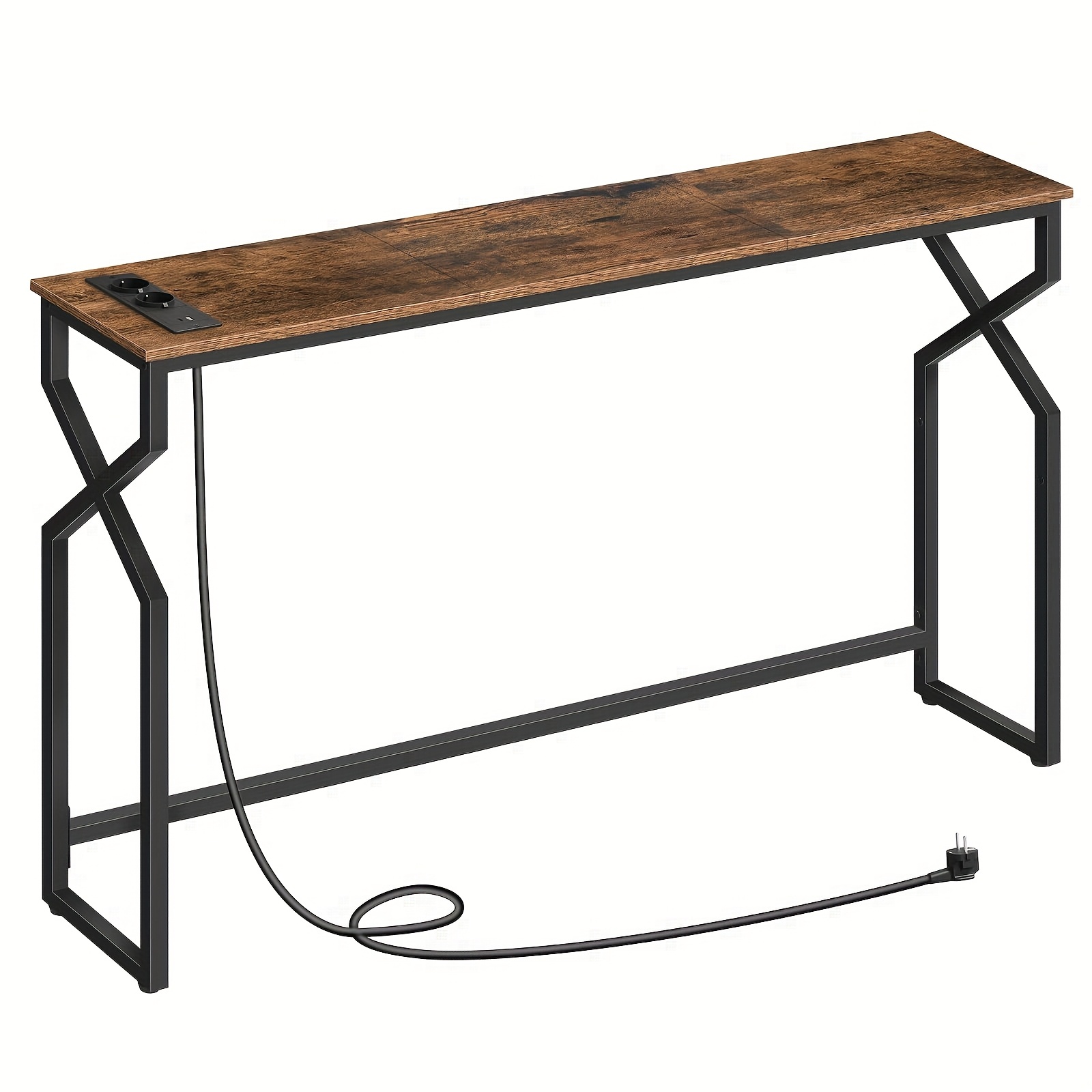 Image of 114cm Console Table, Narrow Sofa Table With Power Outlet And Usb Port, Brown Entryway And Living Room Coffee Table