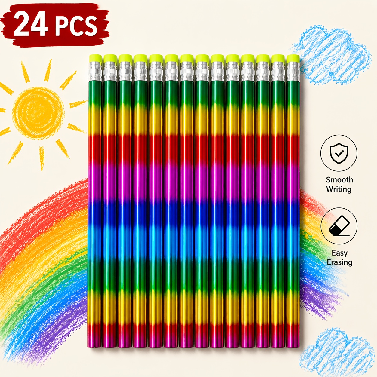 10/24pcs Hb Rainbow Pattern Round Wooden Sketch Pencils Writing Drawing Stationery Office Study