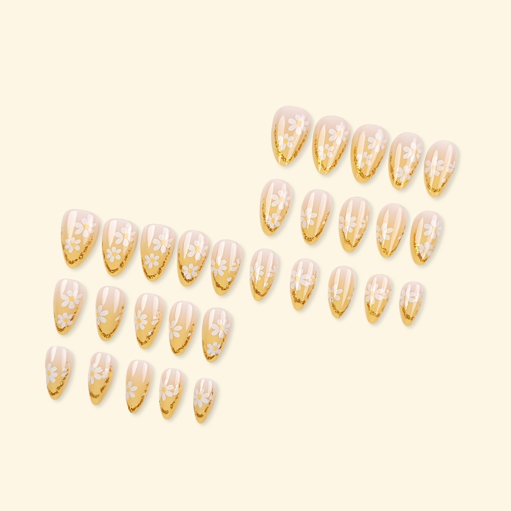 TEMU 24pcs Short Almond Press-on Nails Glossy Nails Yellow Gradient French Tips With Daisy And Artificial Reusable False Nails For Women And