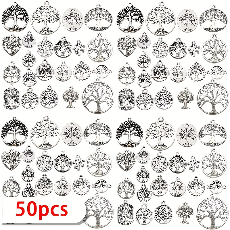 Image of 50/100pcs Random Style Antique Silvery Tree Of Life Charms, Alloy Pendants For Making, Plant-themed Crafting Accessories For Necklace And Bracelet Crafting