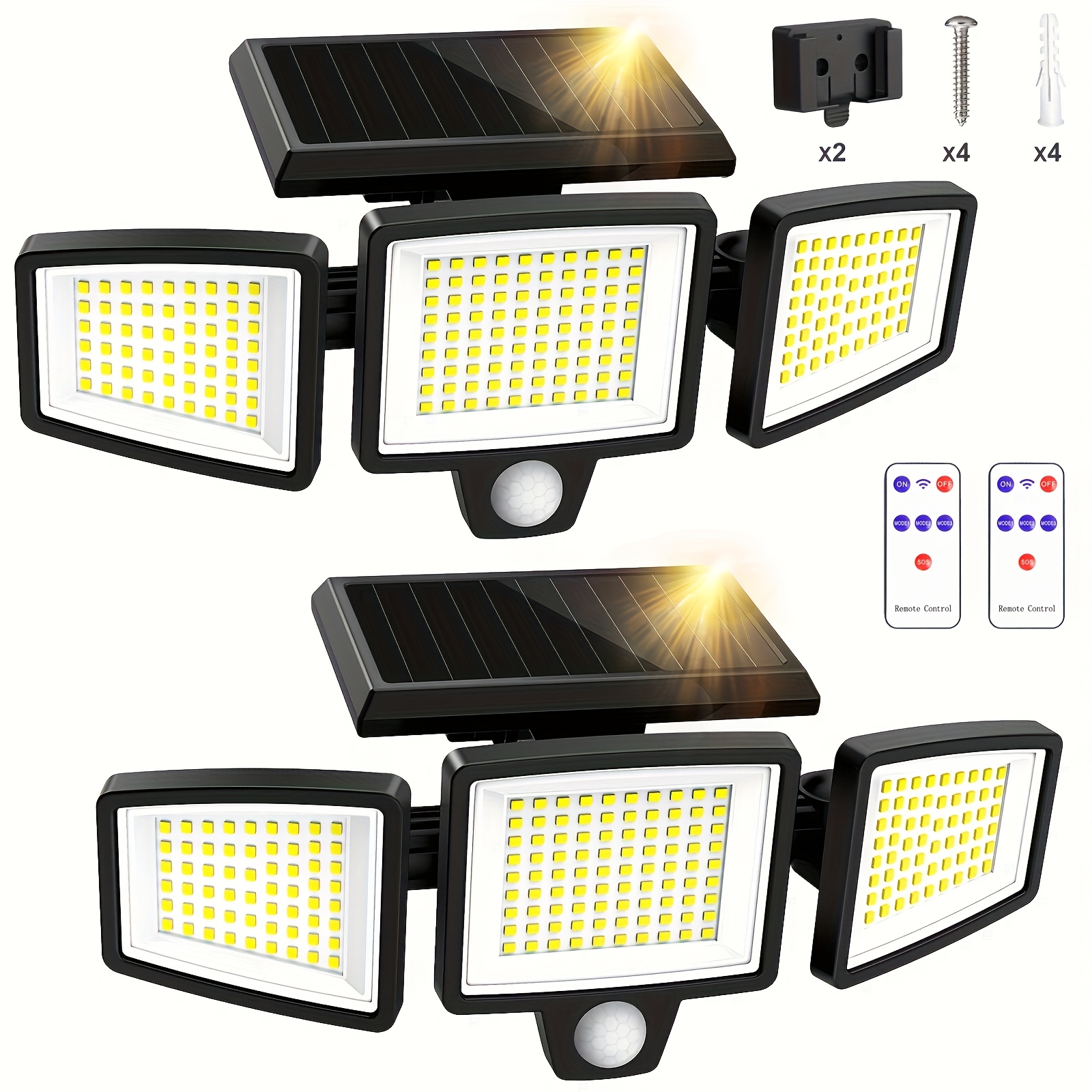 TEMU 1/2 Pack Solar Outdoor Security Lights With Remote Control, 2500lm, 210 Leds, Ip44 Dustproof, Sensor, 3 Lighting , 270° Wide Angle Wall