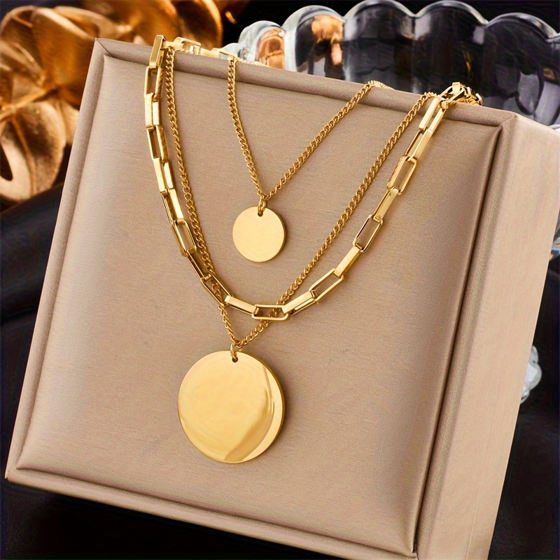 

Vintage-inspired Simple Triple-layer Stainless Steel Pendant Necklace Set With Circular Pendants - No Plating, Daily & Party Wear Versatile Fashion Accessory For Women All Seasons