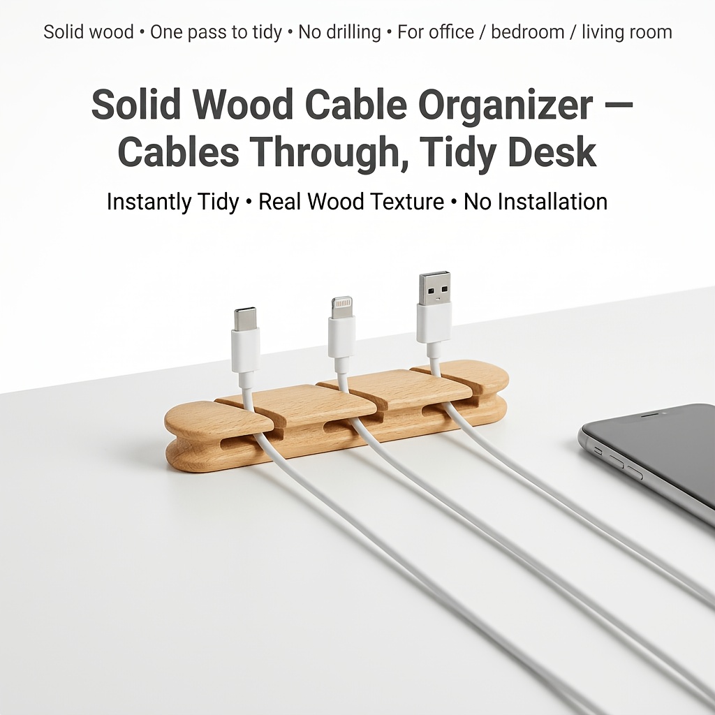 Natural Wood Cable Management Clips – Adhesive Desk Cord Organizers With Multi-Slots For Home, Office, Auto, And Bedside (4.7 X 1.2 X 0.9 Inch)
