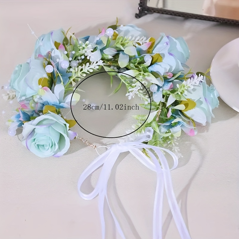 Elegant Teal Headwrap with Floral Accents 1pc elegant handmade faux floral wreath headband teal white  main image 3