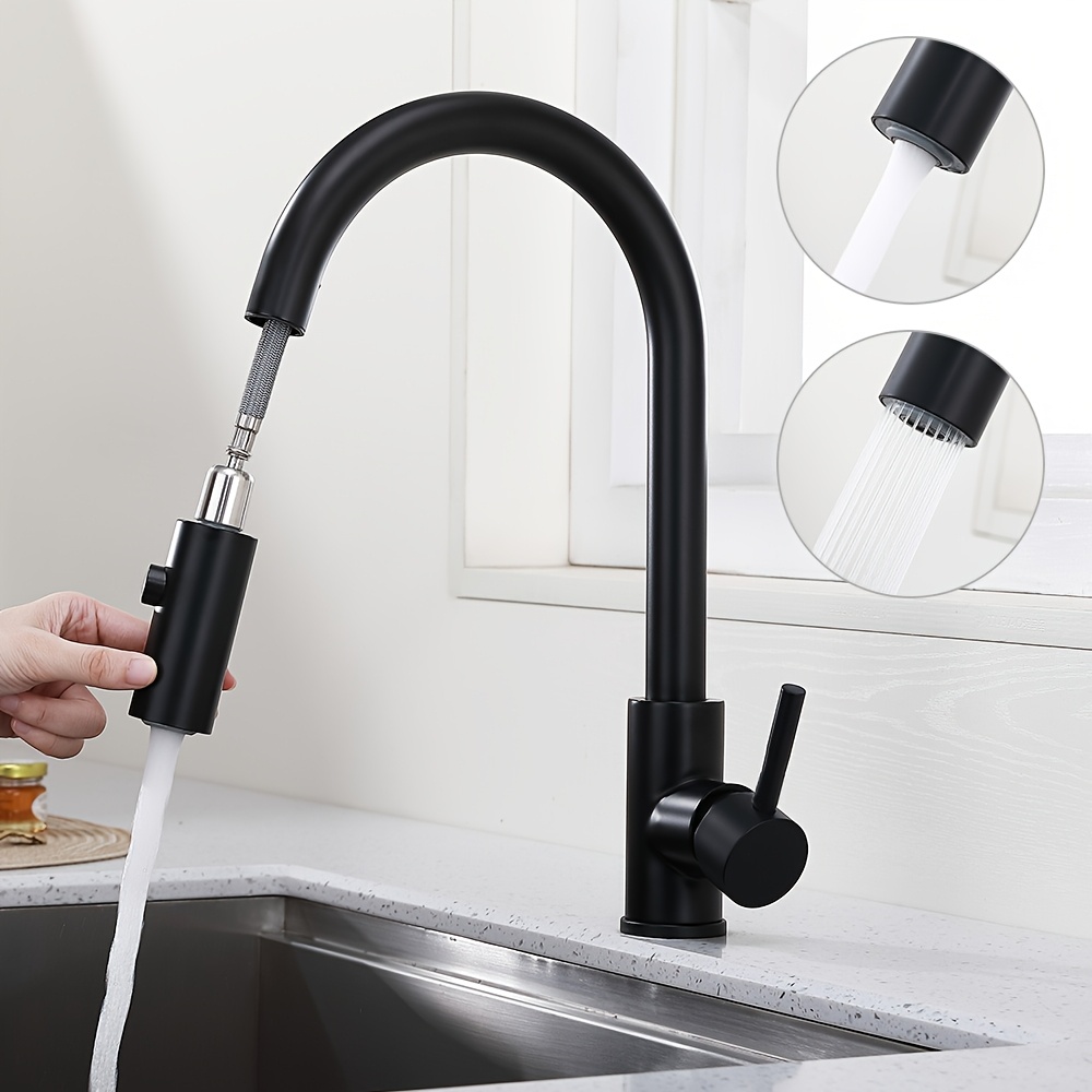 Kitchen Faucet, Black Kitchen Faucet, Hot And Cold Water Faucet, Mixer Faucet, Two- Outlet, With Pull-out Function, Out 30-40cm, Stainless Steel Material, G3/8, Ceramic Valve Core, Black