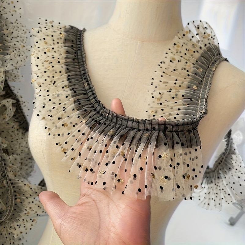 1 Yard Black Polka Dot Pleated Lace Trim Ribbon Edging Cuff For Diy Sewing Wedding Dress