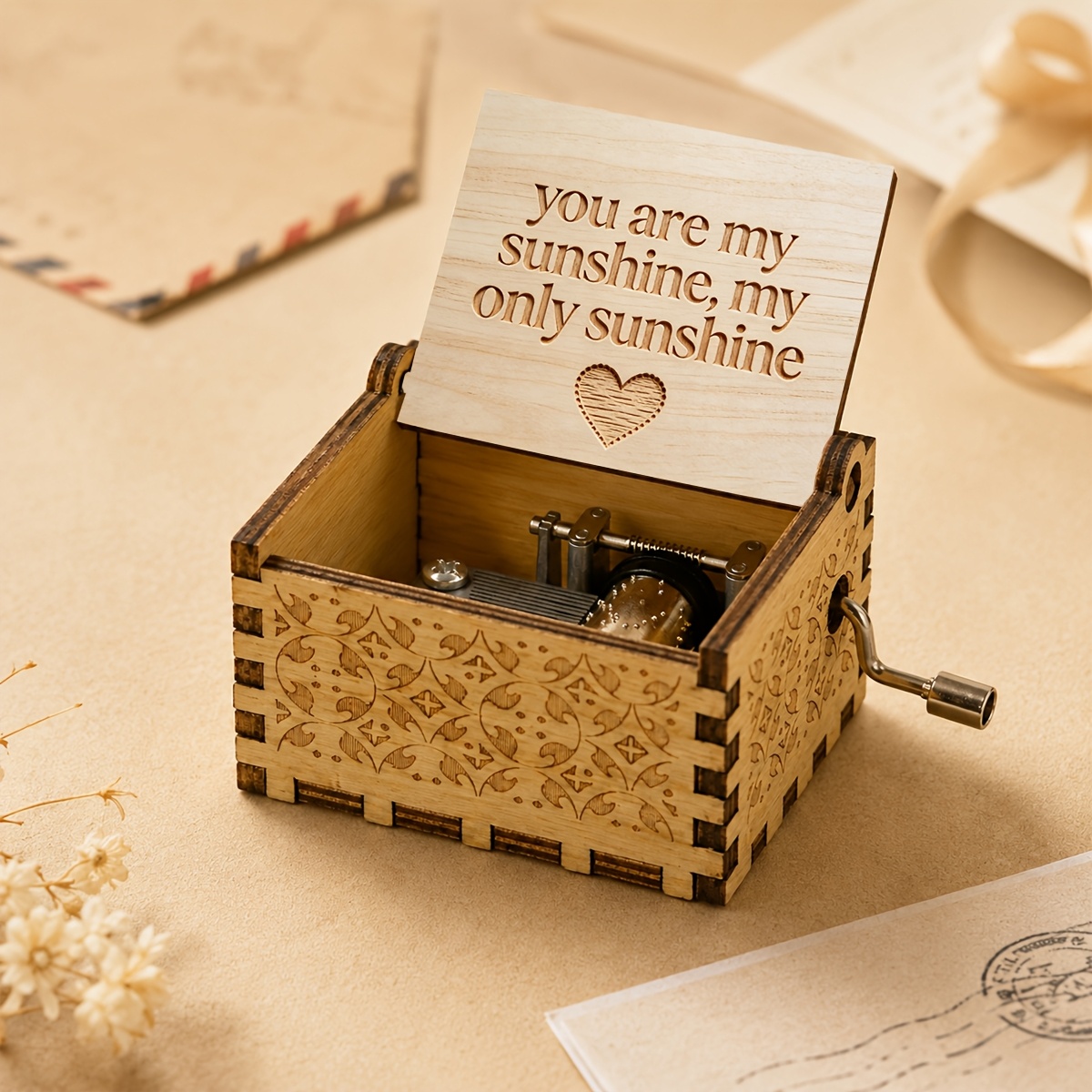 TEMU 1pc Wooden Music Box, Hand-cranked Melodic Home Decor, Creative Heart-carved Birthday Gift With ", Sunshine" Engraved On . Simple And Romantic,