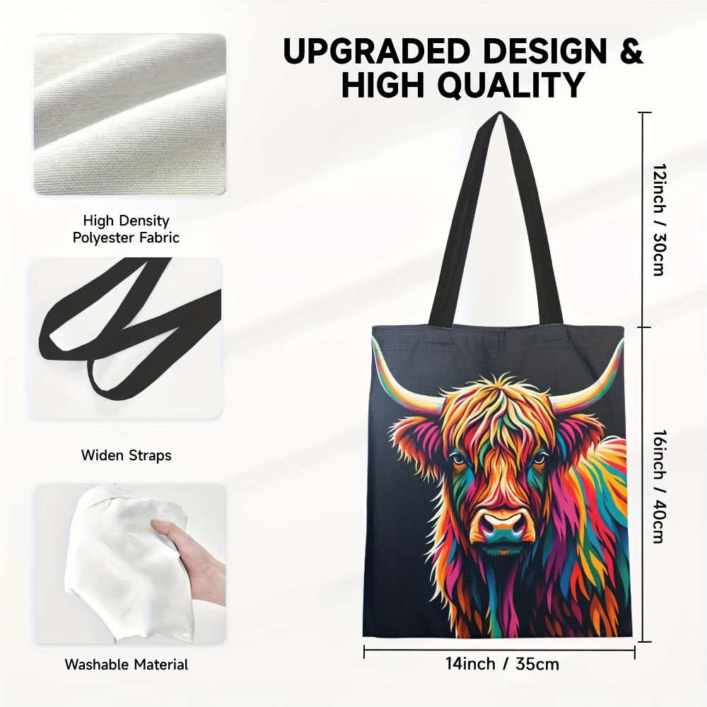 TEMU 1pc, And Vibrant Canvas Tote Featuring A Rustic Highland Cow Design, Perfect For Women As A Shoulder Bag Or Travel Bag, Reusable For Grocery