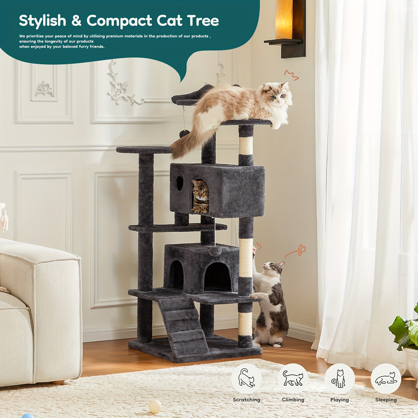

Cat Tree, 54in Modern Multi-level Cat Tree Tower With Sisal-covered Scratching Posts And Cozy Perches For Indoor Cats, Gray