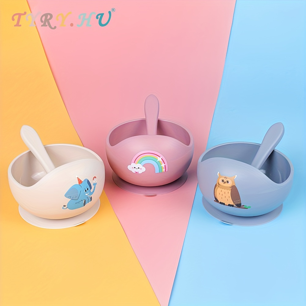 

TYRY.HU (Nom personnalisé disponible) Bol pour bébé personnalisé avec ventouse, ensemble de 2 bols et cuillères en silicone, ustensiles d'auto-alimentation BPA