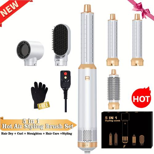 5 in 1 hair dryer brush styler 60 000 rpm volumizer with auto curler detachable hot air brush straightener black golden styling tool with heat protection us plug gloves included
