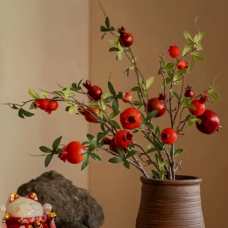 

1pc Artificial Pomegranate Topiary With Red Leaves, Thanksgiving Plastic Faux Fruit Decor, Simulation For Home Decoration