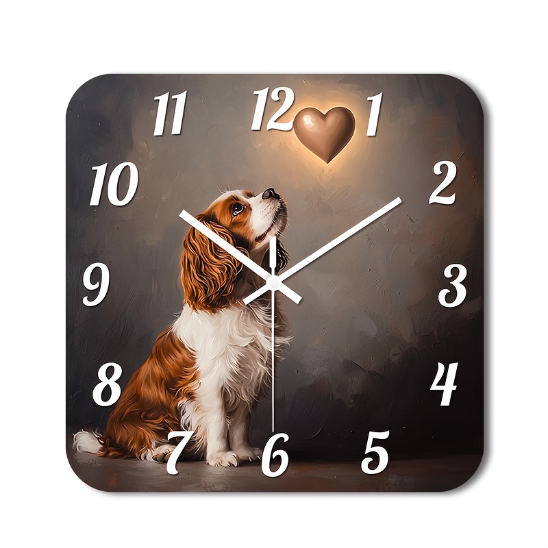 TEMU 1pc Of A Quiet Wall Clock That Tick, Featuring A Decorative Square Design With A High-definition Glossy End. It Showcases A King Charles Spaniel