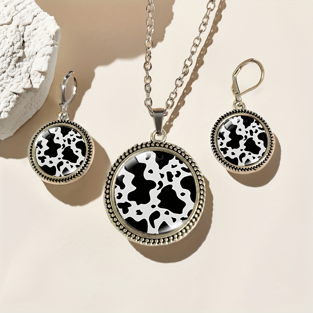 TEMU 3pcs/set Chic Bohemian Style Earrings And Necklace Jewelry Set, A Pair Of Black And Print Perfect For Daily Wear/parties, Ideal , Father's Day