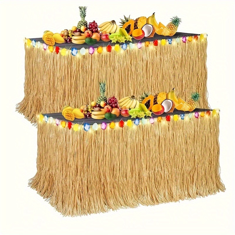 

Plastic Hawaiian Table Skirt With Handmade Weave, Square Luau Grass Table Cover With Decorative Flower Accents For Party Atmosphere Decoration – Durable, Easy To Stick, 1pc