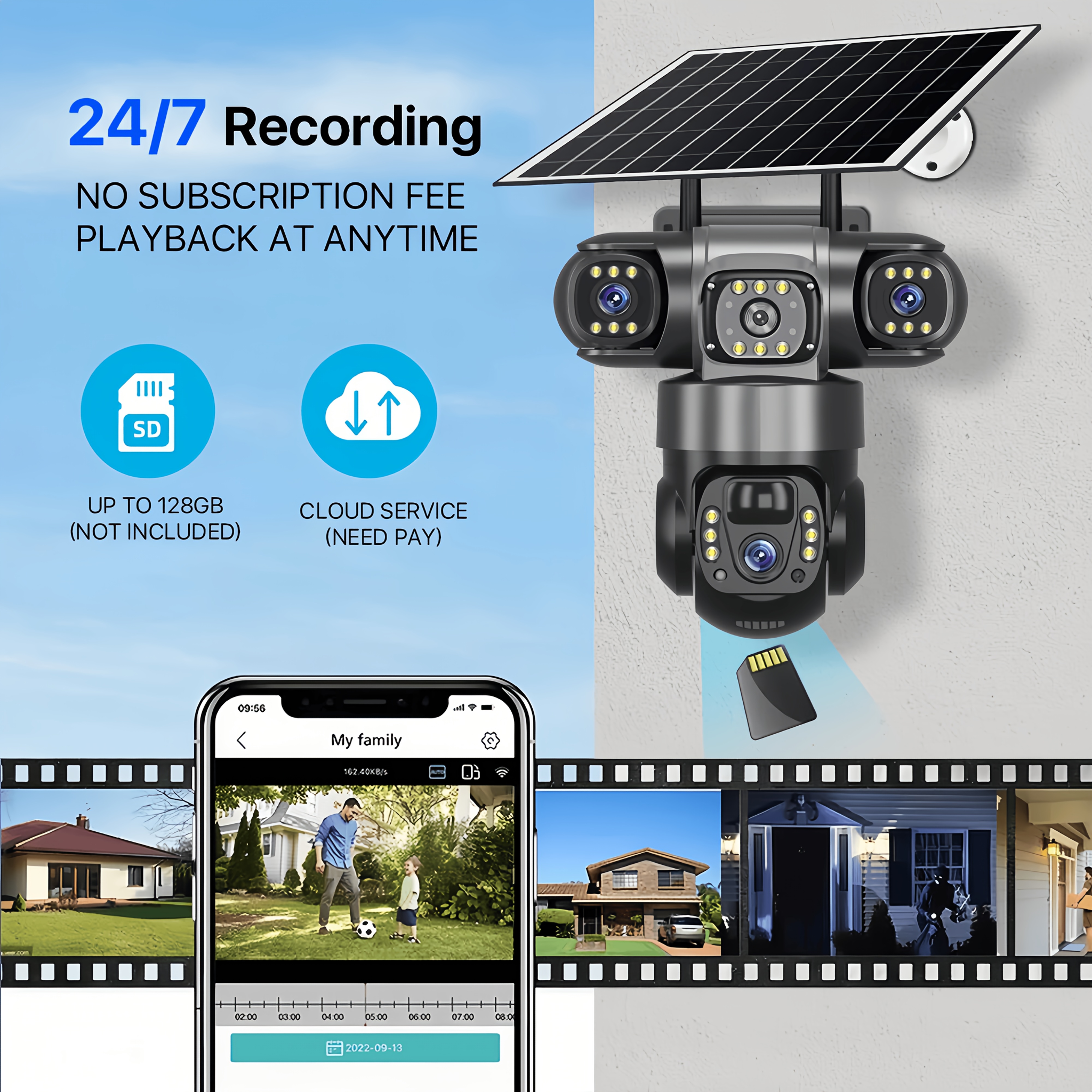 New Model 3 Lens 3 Screen Security Camera Wireless Outdoor - Solar/Battery Powered, WiFi & No SIM Card Needed (Connect & Use) | Multi-Angle Monitoring for Home/Patio/Yard | AI Motion Detection, Color Night Vision, 2-Way Audio, Siren, Cloud Storage