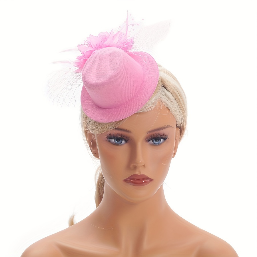 Blue silk & hot pink satin Hibiscus feather veiled headpiece / Luxury teardrop tropical mini hot hat fascinator with veiling