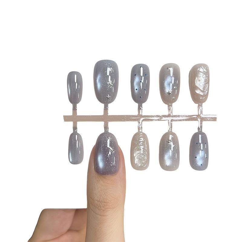 TEMU Ongles Pressés Bleu Océan avec Design Dégradé Doré Étoilé, Ovale Courte, Faux Ongles Autocollants, 10 pièces avec Kit d'Outils, Accessoires pour