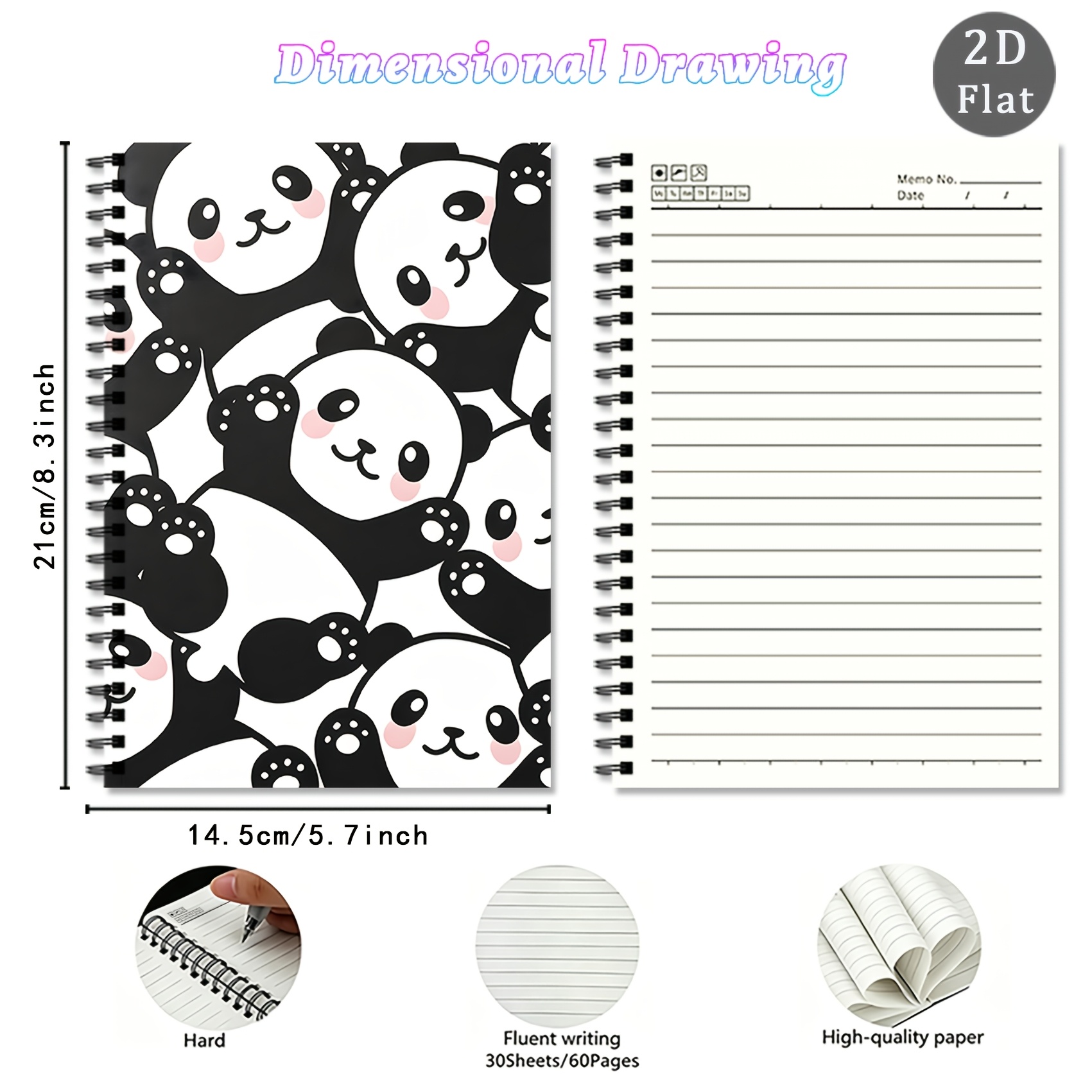 TEMU Fun Panda Spiral Notebook, A5 Size - 30 Inner Pages, 60 Pages Total, Lined Notebook. Cute Black And White Panda Cover With . Suitable For